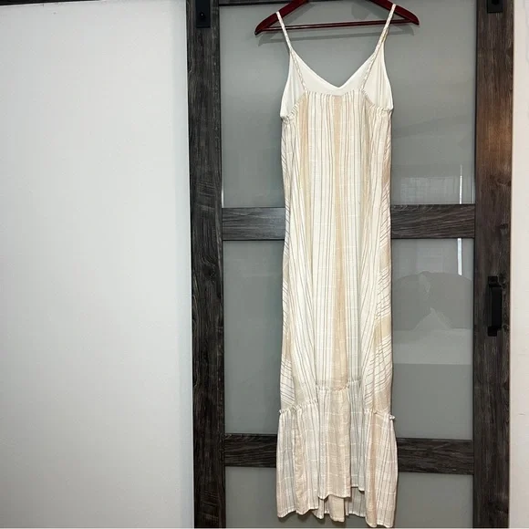 Women's Boho Gold & Tan Maxi Dress Braided Spaghetti Straps 100% Cotton - Picture 5 of 10